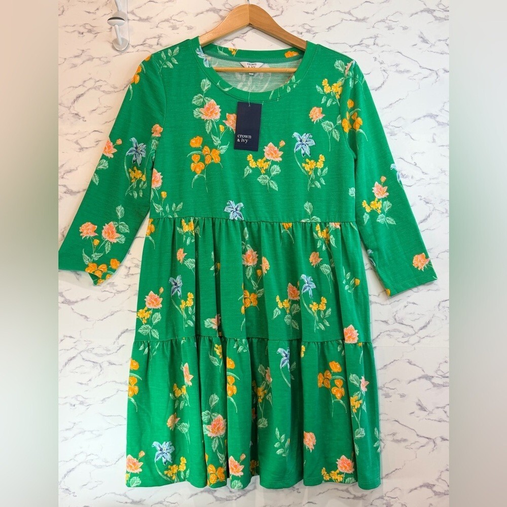 Crown & Ivy Green Floral Springtime Dress Girls Large NWT